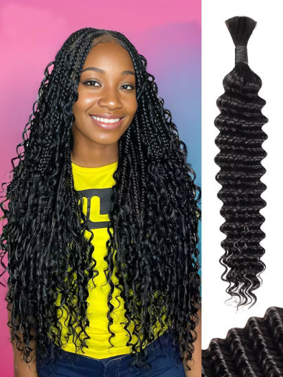 Picture of Human Braiding Hair 1 Bundle 50g 16 Inch Deep Water Wave Bulk Human Hair for Braiding No Weft 10A Brazilian Virgin Curly Human Hair Extensions for Boho Braids Wet and Wavy Human Hair Braiding Hair