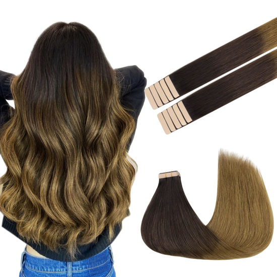 Picture of GOO GOO Tape in Hair Extensions Human Hair, 1D/2C/4E Chocolate Dip Color Melt, 14inch 25g 10pcs, Thick Ends Straight Seamless Tape in, Invisible Tape in Hair Extensions Human Hair