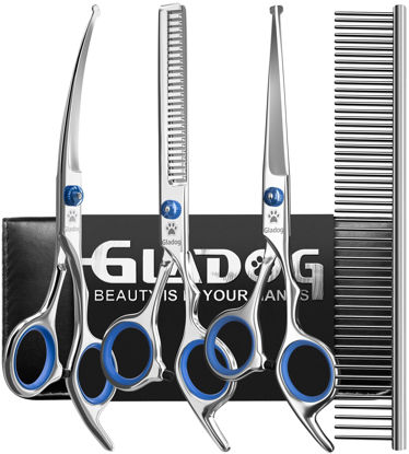 Picture of GLADOG Professional 5 in 1 Dog Grooming Scissors Set with Safety Round Tips, Sharp and Heavy-duty Pet Grooming Shears for Cats