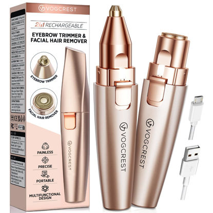 Picture of VG VOGCREST Eyebrow Facial Trimmer: 2 in1 Rechargeable Facial Hair Removal and Eyebrow Shaver - Face Lips Body Painless Facial Razor with Built-in LED Light (Rose Gold)