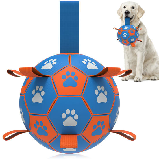 Picture of QDAN Dog Ropes Toys Soccer Ball with Straps, Interactive Dog Toys for Tug of War, Puppy Birthday Gifts, Dog Tug Toy, Dog Water Toy, Durable Dog Balls for Medium & Large Dogs- Blue&Orange(8 Inch)