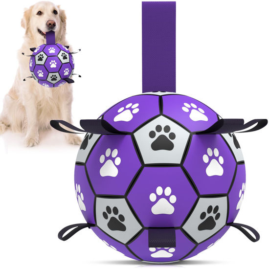 Picture of QDAN Dog Toys Soccer Ball with Straps - Durable Dog Balls for Large Dogs, Outdoor Dog Toys, Summer Dog Water Toy, Herding Ball, Puppy Dog Birthday Gifts (8 Inch)