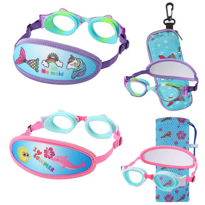 Picture of RUIGAO Kids Swim Goggles Age 2-7, Toddler Goggles No Hair Pull,Child Goggles Padded HeadBand (2PK - Blue Mermaid & Summer)