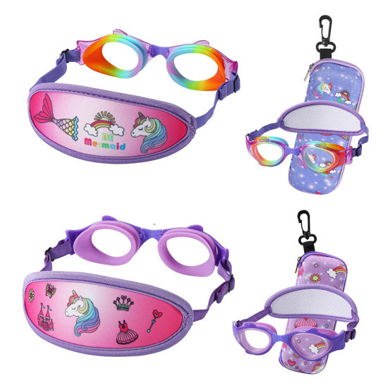 Picture of RUIGAO 2PK Toddler Goggles 2/3/4/5/6 Yr old, Toddler Goggles No Hair Pull, Unicorn Rainbow Swimming Goggles Girl