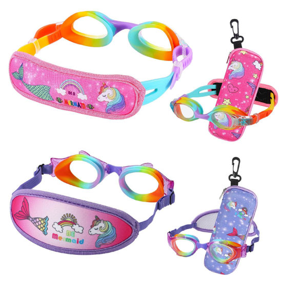 Picture of RUIGAO 2PK Toddler Goggles 2/3/4/5/6 Yr old, Toddler Goggles No Hair Pull, Unicorn Rainbow Swimming Goggles Girl