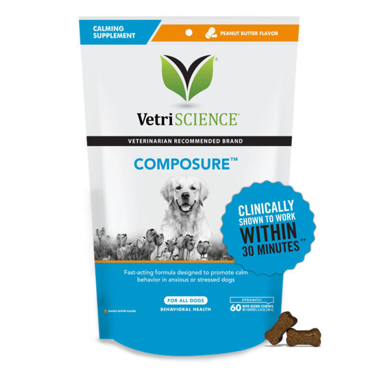 Picture of VETRISCIENCE Composure Calming Chews for Dogs - Clinically Proven Dog Anxiety Relief Supplement with Colostrum, L-Theanine & Vitamin B1 for Stress, Storms, Separation & More - 60 Peanut Butter Chews