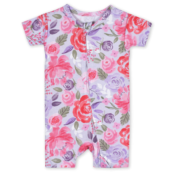 Picture of Gerber Unisex Baby Buttery Soft Short Sleeve Romper with Viscose Made from Eucalyptus, Lilac Garden, 12 Months