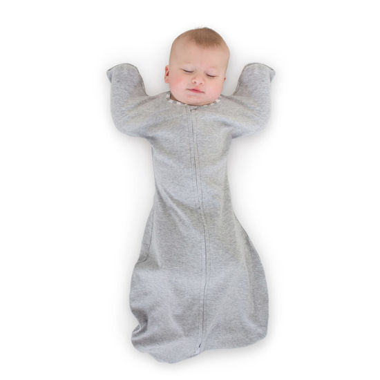 Picture of SwaddleDesigns Transitional Swaddle Sack with Arms Up Half-Length Sleeves and Mitten Cuffs, Heathered Gray with Stripe Trim, Medium, 3-6 Mo, 14-21 Lbs (Better Sleep, Easy Swaddle Transition)