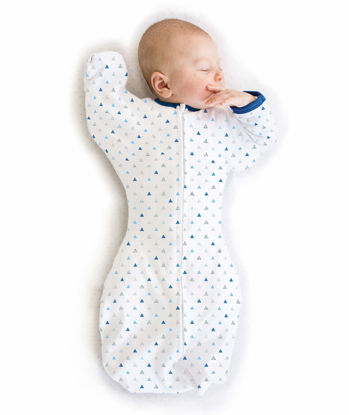 Picture of SwaddleDesigns Transitional Swaddle Sack, Arms Up Half-Length Sleeves and Mitten Cuffs, Tiny Triangles, Blue, Small, 0-3mo, 6-14 lbs (Parents' Picks Award Winner, Easy Transition with Better Sleep)