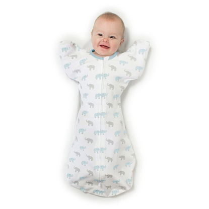 Picture of Amazing Baby Transitional Swaddle Sack with Arms Up Half-Length Sleeves and Mitten Cuffs, Easy Swaddle Transition, Tiny Elephants, Blue, Large, 6-9 Months, 21-24 lbs