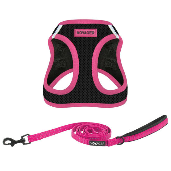 Picture of Voyager Step-in Air All Weather Mesh Harness and Reflective Dog 5 ft Leash Combo with Neoprene Handle, for Small, Medium and Large Breed Puppies by Best Pet Supplies - Black/Pink Trim, X-Small