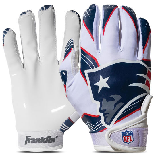 Picture of Franklin Sports New England Patriots Youth NFL Football Receiver Gloves - Receiver Gloves For Kids - NFL Team Logos and Silicone Palm - Youth M/L Pair