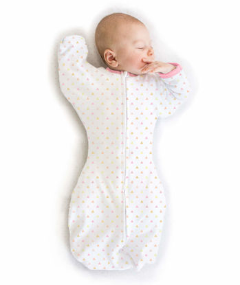 Picture of SwaddleDesigns Transitional Swaddle Sack, Arms Up Half-Length Sleeves and Mitten Cuffs, Tiny Triangles, Pink, Small, 0-3mo, 6-14 lbs (Parents' Picks Award Winner, Easy Transition with Better Sleep)