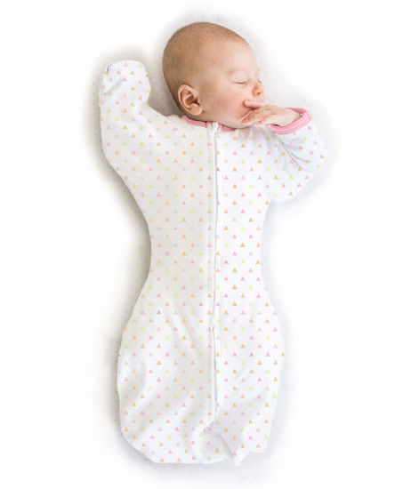 Picture of SwaddleDesigns Transitional Swaddle Sack, Arms Up Half-Length Sleeves and Mitten Cuffs, Tiny Triangles, Pink, Small, 0-3mo, 6-14 lbs (Parents' Picks Award Winner, Easy Transition with Better Sleep)