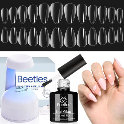 Picture of Beetles Gel Nail Kit Almond-500Pcs Gel Nail Kit Easy Nail Extension Set Short Almond Shape 5 In 1 Nail Glue Gel Extension Nail Kit Uv Led Lamp Acrylic False Nail Tips Kit DIY Nails Art Gifts for Women