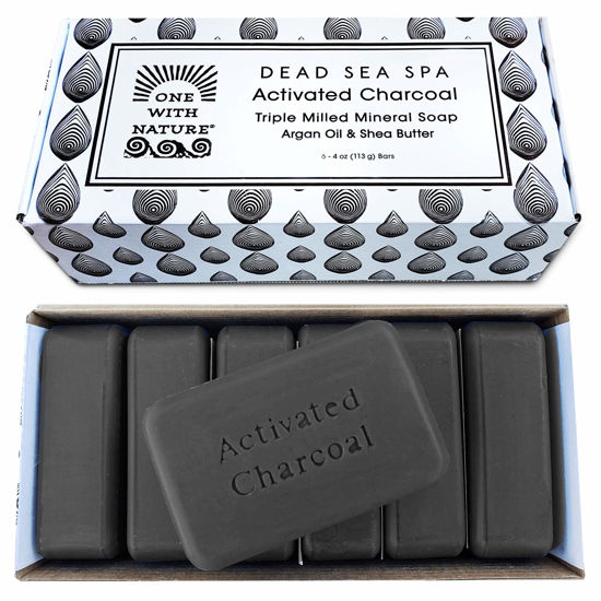 Picture of One With Nature 4Oz 6Pack Charcoal Soap Bar in Gift Box for Face, Body, Acne, All Skin Types - Contains Dead Sea Salt, Activated Charcoal, Shea Butter, Argan Oil and 21 Essential Minerals