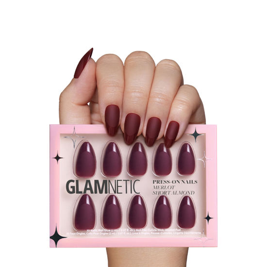 Picture of Glamnetic Press On Nails - Merlot | Short Almond Dark Red Nails with Glossy French Tips in a Matte Finish | 15 Sizes - 30 Nail Kit with Glue