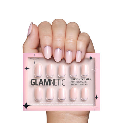 Picture of Glamnetic Press On Nails - Silver Belle | Short Round Natural Base Nails with 3D Silver Foil in a Glossy Finish | 12 Sizes - 30 Nail Kit with Glue