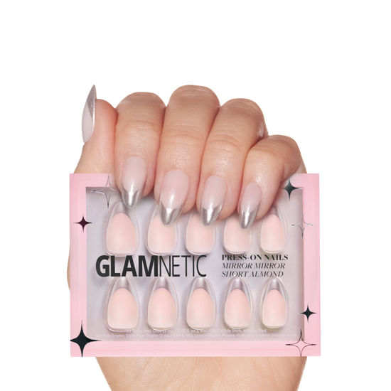 Picture of Glamnetic Press On Nails - Mirror Mirror | Trendy Short Almond Nails with Metallic Chrome Silver French Tips | 15 Sizes - 30 Nail Kit with Glue