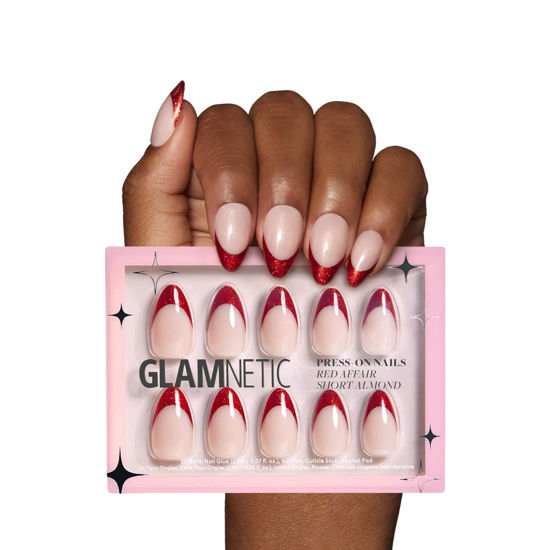 Picture of Glamnetic Press On Nails - Red Affair | Short Almond Red Glitter French Tip Nails with a Glossy Finish | 15 Sizes - 30 Nail Kit with Glue