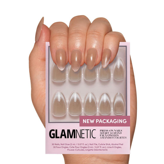 Picture of Glamnetic Press On Nails - Honey Bun | Trendy Neutral Nude Velvet Sparkly Short Almond Fake Nails, Reusable | 15 Sizes - 30 Nail Kit