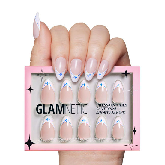 Picture of Glamnetic Press On Nails - Santorini | Semi-Transparent Blue and White French Tip Short Almond Nails, Reusable | 15 Sizes - 30 Nail Kit