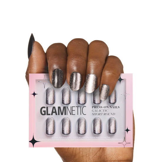 Picture of Glamnetic Press On Nails - Galactic | Short Round Shimmery Pewter Glittered Nails with a Glaze Finish | 12 Sizes - 30 Nail Kit with Glue