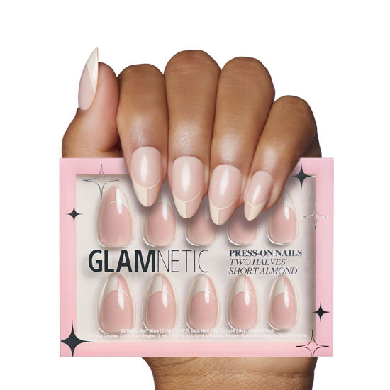 Picture of Glamnetic Press On Nails - Two Halves | Short Almond Trendy Nude French Tip Nails with a Glossy Finish | 15 Sizes - 30 Nail Kit with Glue