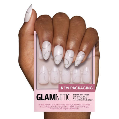 Picture of Glamnetic Press On Nails - Silent Night | Short Almond White Nails with 3D Silver Foil in a Glossy Finish | 15 Sizes - 30 Nail Kit with Glue