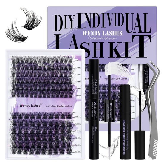 Picture of DIY Lash Extension Kit Lash Clusters Thin Band Matte Black C/D Curl Individual Lashes Strong Hold Waterproof Lash Bond and Seal Glue Lash Clusters Remover Nice Grip Eyelash Clusters Tweezers Eyelashes