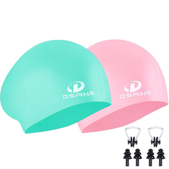 Picture of 2 Pack Womens Silicone Swim Cap for Long Hair,3D Ergonomic Design Silicone Swimming Caps for Women Kids Men Adults Boys Girls with Ear Plug and Nose Clip(L)