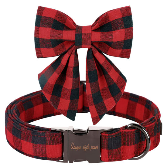 Picture of Unique style paws Christmas Dog Collar with Bow Tie Classic Red Plaid Puppy Collar for Small Medium Large Dogs as Holiday Winter Gifts-XL