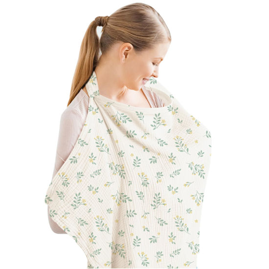 Picture of Konssy Muslin Nursing Cover for Baby Breastfeeding, Breathable 100% Cotton Breastfeeding Cover with Rigid Hoop for Mother Nursing Apron, Multi-use Carseat Canopy (Leafy)