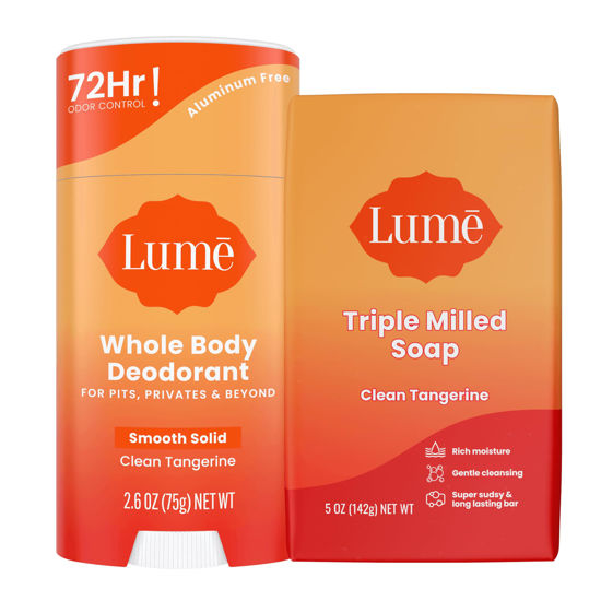 Picture of Lume Whole Body Deodorant And Soap - 2.6 Ounce Smooth Solid Stick With 72 Hour Odor Control and 5 Ounce Triple Milled Soap - Aluminum Free, Baking Soda Free and Skin Loving (Clean Tangerine)