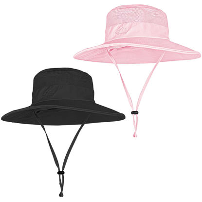 Picture of 2 Pack Sun Hats for Men Women Fishing Hat UPF 50+ Breathable Wide Brim Summer UV Protection Hat Black/Pink