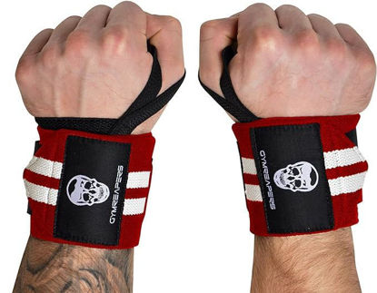 Picture of Gymreapers Weightlifting Wrist Wraps (Competition Grade) 18" Professional Quality Wrist Support with Heavy Duty Thumb Loop - Best Wrap for Powerlifting, Strength Training, Bodybuilding(Red/White,18")