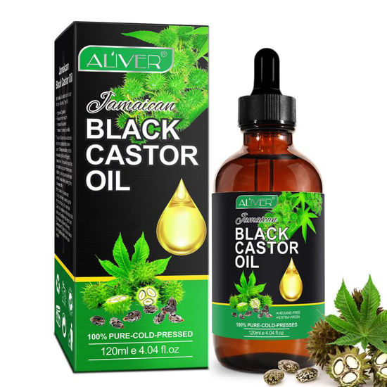 Picture of ALIVER Jamaican Black Castor Oil, Castor Oil Organic Cold Pressed Unrefined, Castor Oil for Eyelashes Eyebrows Body, Organic Castor Oil Glass Bottle, 4.04 fl oz