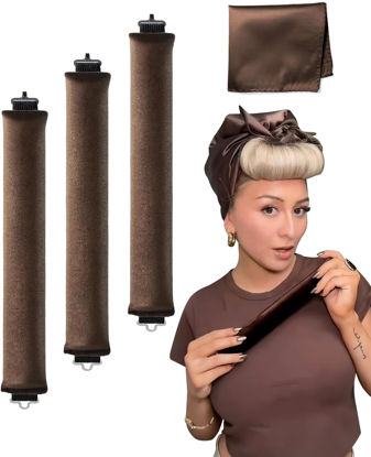 Picture of Heatless Overnight Hair Curling Set - Large Silk Brown Rods for Blowout Curls, No Heat Styling Tools with Headband Wrap for Short Hair