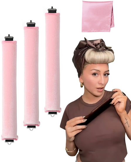 Picture of Overnight Velvet Hair Rollers for Long Curls - No Heat Styling Headband with Blowout Rods and Hair Wrap for Sleep Curls (Pink)