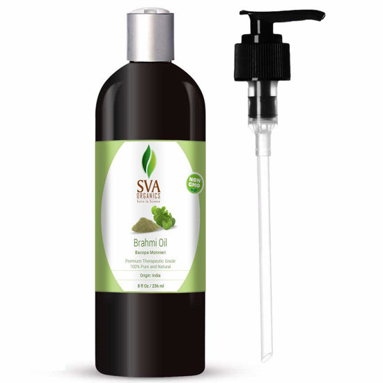 Picture of SVA Brahmi Oil - 8 Fl Oz - 100% Natural Cold Pressed Brahmi Oil - for Face, Skin Care, Hair Care, Scalp Massage & Body Massage - Carrier Oil with Pump