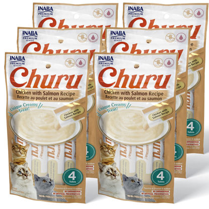 Picture of INABA Churu Cat Treats, Grain-Free, Lickable, Squeezable Creamy Purée Cat Treat/Topper with Vitamin E & Taurine, 0.5 Ounces Each Tube, 24 Tubes (4 per Pack), Chicken with Salmon Recipe