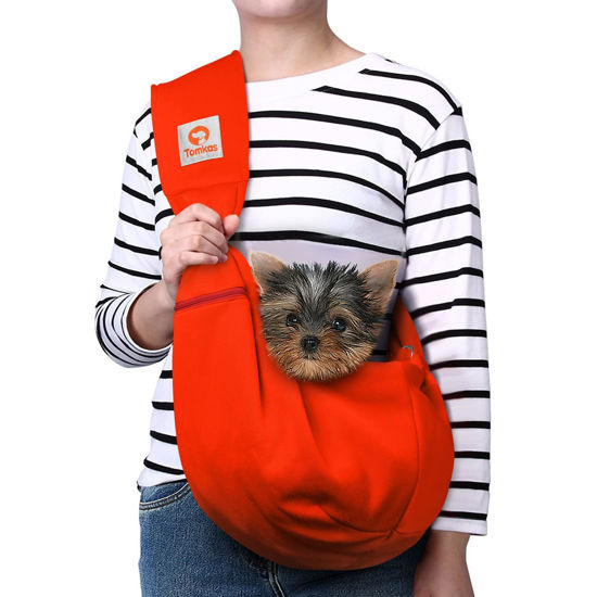 Picture of TOMKAS Dog Carrier Sling with Adjustable Buckle Strap & Zip Pocket & Snap Closure for pet Puppy cat (M - Adjustable for 3-10 lbs, Red)