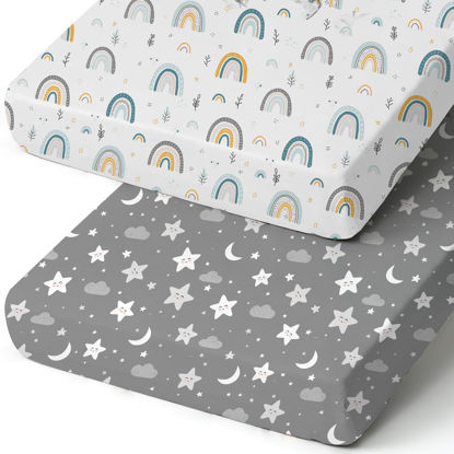 Picture of Pack n Play Sheets, BROLEX 2 Pack Mini Crib Sheets,Stretchy Portable Fitted Playard Sheet Set, Convertible Playard Mattress Cover,Ultra Soft Breathable Material,Rainbow&Stars