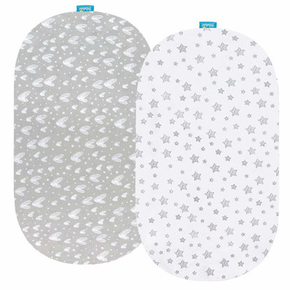 Picture of Bassinet Fitted Sheets Compatible with Delta Children Sweet Dreams Bassinet & Beberoad Love Baby Travel Bassinet, 2 Pack, 100% Jersey Knit Cotton for Baby Boy and Girl, Gray and White Print