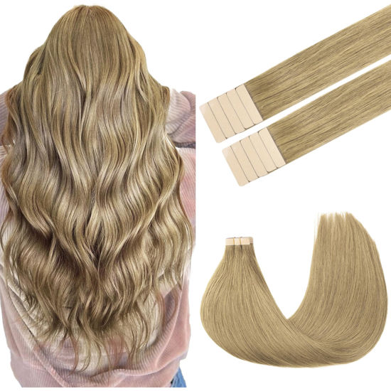 Picture of GOO GOO Tape in Hair Extensions Human Hair, 7 Bronde,14inch 25g 10pcs, Thick Ends Straight Seamless Tape in, Invisible Tape in Hair Extensions Human Hair