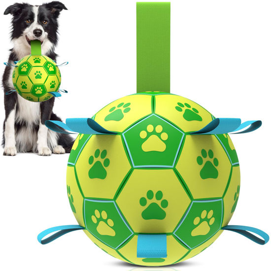 Picture of QDAN Dog Toys Soccer Ball - Durable Dog Balls with Strap for Medium Small Dogs, Puppy Birthday Gifts, Dog Tug Toy for Tug of War (8 Inch)