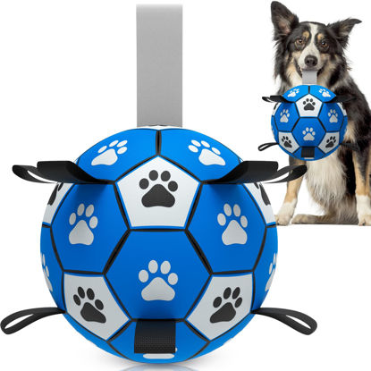 Picture of QDAN Dog Ropes Toys Soccer Ball with Straps, Interactive Dog Toys for Tug of War, Puppy Birthday Gifts, Dog Tug Toy, Dog Water Toy, Durable Dog Balls for Medium & Large Dogs-Blue&Grey（8 Inch）