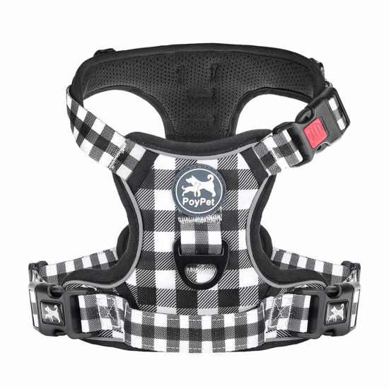 Picture of PoyPet No Pull Dog Harness, [Neck Release] Reflective Adjustable No Choke Pet Vest with Front & Back 2 Leash Attachments, Soft Control Training Handle for Small Dogs(Grid,XS)