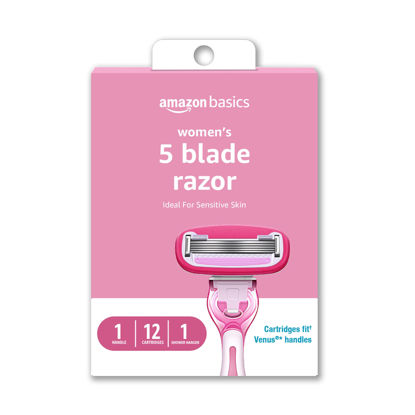 Picture of Amazon Basics Women's 5 Blade FITS Razor, Fits Amazon Basics and Venus Handles, Includes 1 FITS System Handle, 12 Cartridges & 1 Shower Hanger, Pink