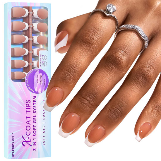 Picture of BTArtboxnails French Tip Press on Nails - Fake Nails Brown Short Coffin XCOATTIPS Pre-applied Tip Primer & Base Coat, No Need to File Gel Nail Tips for Nail Art Easy DIY